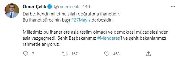 Ömer Çelik'ten '27 Mayıs' paylaşımı!